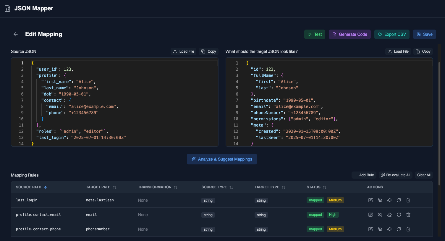 JSON Mapper for data transformation